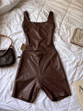 SKIMS Faux Leather Set | Scoop Neck Bodysuit + Bike Shorts